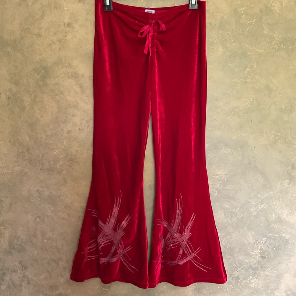 Vintage Y2K La Senza Girl Red Stretch Velvet Ruched Front Bellbottoms Flares